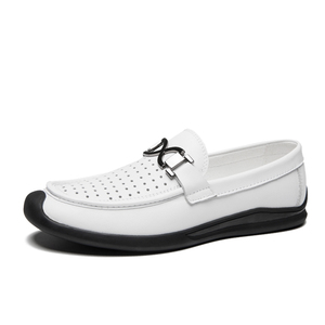 Mocasines de Cuero Genuino <span class=keywords><strong>Blanco</strong></span> para Hombre, Zapatos de Vestir Perforados y Transpirables, Zapatos Casuales para Conducir, Mocasines de Lujo de Piel de Vaca Suave - Product Image 1