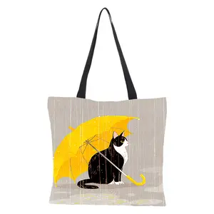 Nuevo bolso de mano Simple de dibujos animados de gran capacidad para mujer, bolso de hombro con patrón de gato, bolso de mano para niñas, bolso de compras con transporte ancho