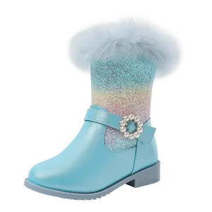 Mavi kız prenses botları çocuk artı kadife sıcak kar botları rahat küçük kızlar parti botları