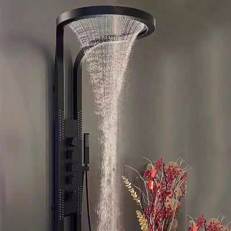Tiktok Trend Luxury gold black bathroom shower set wall mounted multifunction rainfall waterfall shower System shower head