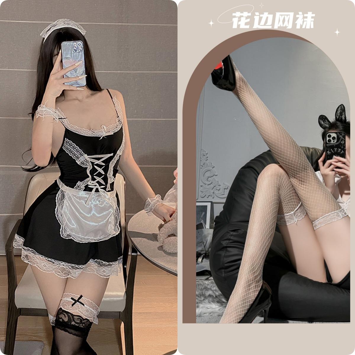 Maid outfit + white fishnet stockings
