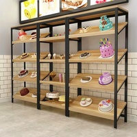 Klantspecifieke ijzeren houten displayrek voor supermarkt, geschikt voor vers fruit, groenten, gebak, brood, cake, snacks, noten en andere levensmiddelen.