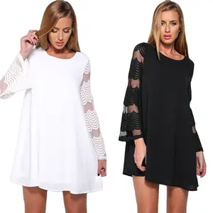 Large size thick round neck long sleeve chiffon lace gauze dress