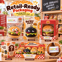 Porte-clés en peluche hamburger prêt à la vente, emballage personnalisé, carte suspendue, boîte cadeau, présentoir de comptoir, marque privée, vente en gros