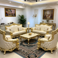 Canapé antique en bois massif sculpté, suite de canapés en velours jacquard bleu ciel avec oreillers décoratifs à franges pour résidence de luxe européenne