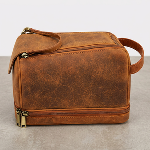 Gravs Premium Genuine Leather Eco-Friendly Waterproof Vintage Soft Handle Large Capacity Travel Dopp Kit Zipper Cosmetic <b>Case</b> - Product Image 1
