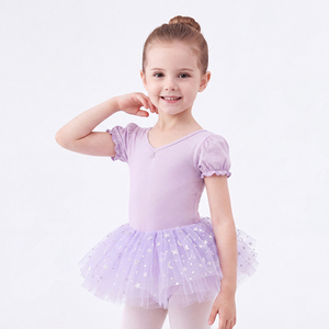 Maillot <span class=keywords><strong>de</strong></span> Ballet para Niñas, Tutú con Mangas Abullonadas, Cuello <span class=keywords><strong>en</strong></span> V, Lazo <span class=keywords><strong>en</strong></span> la Espalda, Falda <span class=keywords><strong>de</strong></span> Tul con Estrellas Brillantes para <span class=keywords><strong>Clases</strong></span> <span class=keywords><strong>de</strong></span> Danza - Product Image 1