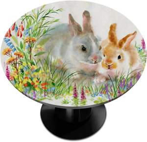Elegant Vintage Easter Bunny <strong>Round</strong> <strong>Tablecloth</strong> with Elastic Edge Waterproof <strong>Wipeable</strong> Polyester Fabric for Home Decor - Product Image 1