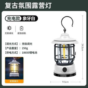 Lanterne de camping rétro rechargeable 24,5 cm, lumière LED blanche, lampe portable d'extérieur avec crochet et fonction de variation d'intensité - Product Image 1