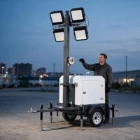 Tour d'éclairage solaire LED sur remorque, mât de 24 pieds, toutes conditions météorologiques, IP23, déploiement rapide, alimentation CC, blanc, CRI 95 élevé, pour aménagement paysager et usage bureautique