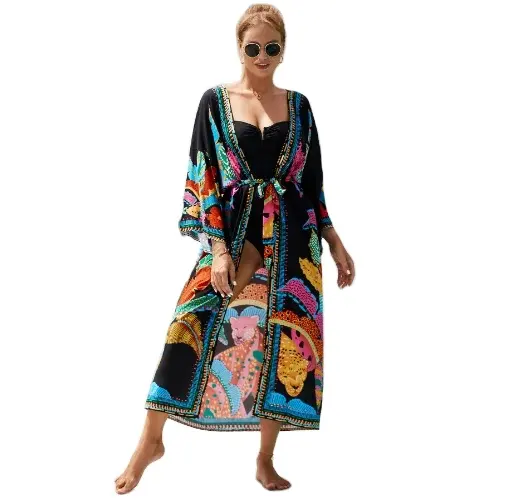 Dài flowy Bohemian beachwear Cover up ăn mặc phụ nữ Kimono với TIE DYE mở phía trước