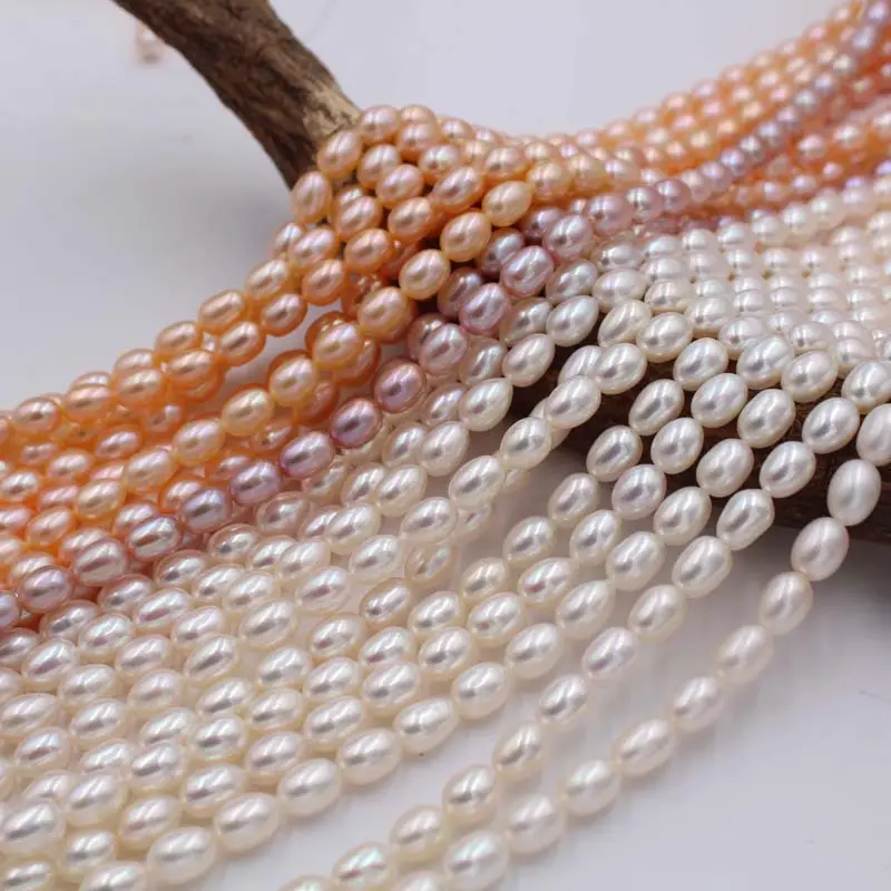 Perlas de agua dulce sueltas ovaladas de arroz de 3-9mm al por mayor, cadena de perlas cultivadas de agua dulce de colores blanco, rosa y morado