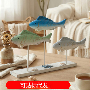 Wooden Fish Figurine Set 3 Colors Handmade <b>Tabletop</b> Decor Coastal Home Ornament - Product Image 5