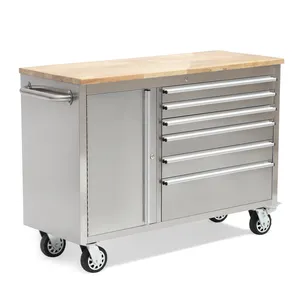 Hot <strong>Sale</strong> 48 Inch 6 Drawer Stainless Steel Rolling <strong>Tool</strong> Cabinet <strong>Tool</strong> <strong>Chest</strong> on Wheels Wood Top Heavy Duty Toolbox Trolley - Product Image 1