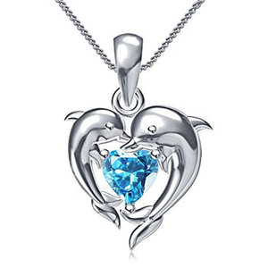 Collana con ciondolo a forma di cuore di delfino, placcata in argento, con zirconi cubici, pietra blu, regalo romantico per donne, uomini, unisex, da indossare tutti i giorni - Product Image 1