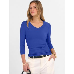 FOXA – haut en tricot côtelé pour femmes, manches 3/4, col en v, coupe ajustée, t-shirt basique, tenue décontractée, tenue d'été tendance - Product Image 2