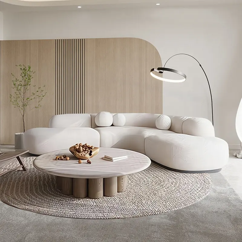 أريكة غرفة المعيشة, أريكة عصرية مقوسة الشكل نصف دائرية الشكل مصنوعة من قماش لتغطية غرف المعيشة باللون الأبيض ، أريكة شبه دائرية
