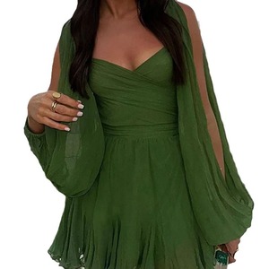 Mini robe plissée verte sexy pour femmes élégante col en V fendue à manches longues robes trapèze d'été pour femmes Robes solides dos nu à lacets - Product Image 5