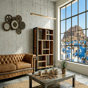 Étagère à livres moderne de luxe en bois de manguier avec cadre métallique industriel, présentoir asymétrique, meubles de salon, ensemble de meubles pour la maison - Product Image 1