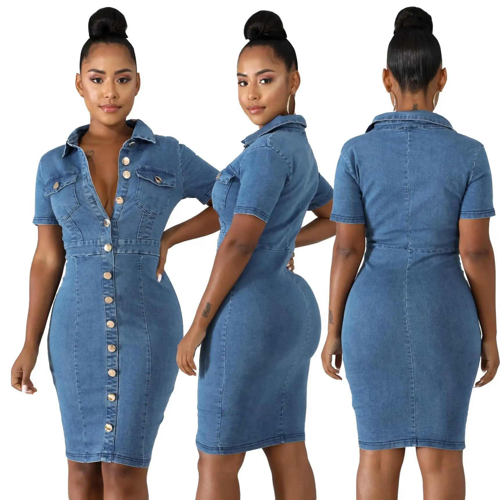 Hot Selling Women Fashion Sleeveless Slim Fit Blue Ripped Denim Jeans Long Dresses Short Sleeved Denim Dress