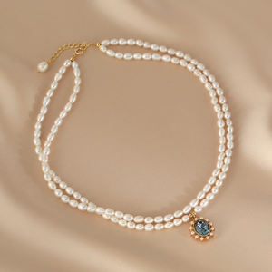 1483 Small Pearl Necklace Stacked with Double Chain - Product Image 4