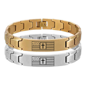 Bracelet en acier inoxydable pour hommes, 12mm, design croix et drapeau gravés, lien incurvé bicolore, bijoux cadeau - Product Image 1