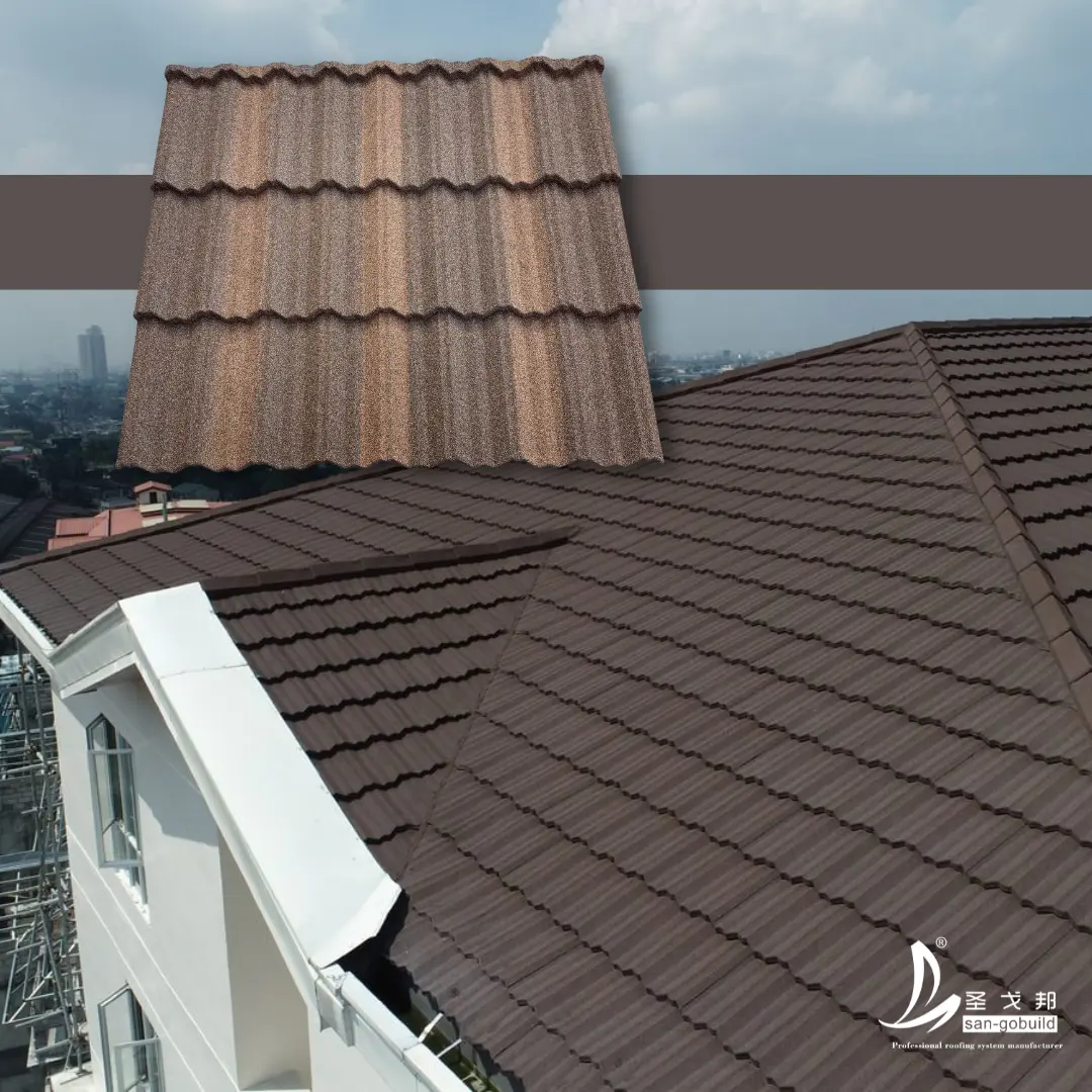 Aluminum Zinc Stone Coated Metal Roof Tile Steel Roofing Tile With Stone Chips Coating No Color Fading Roofing Sheets