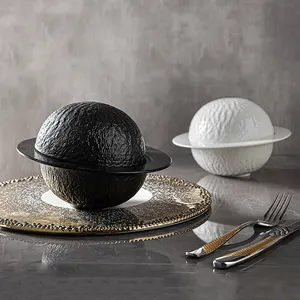 Upscale Restaurant Use Ceramic Bowl Black And White Astronomy Ball Shape Vajillas Innovative Porcelain Bowls With Lid For Soup