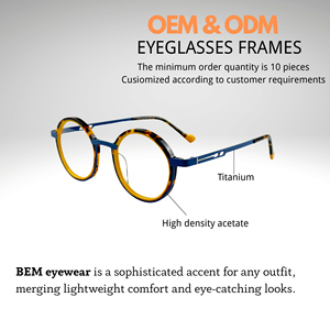 Monture ronde rétro en acétate, couleur contrastée bleu-jaune, patchwork, branches métalliques antidérapantes, personnalisable pour la vente en gros - Product Image 4