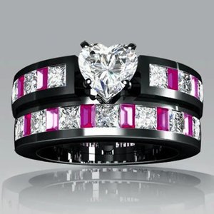 Set di anelli classici per coppia con zirconi a forma di cuore bicolore per gioielli da donna alla moda minimalista - Product Image 4