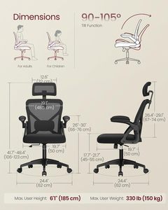 Chaise de bureau ergonomique en maille VASAGLEA avec support lombaire réglable, appui-tête, fonction d'inclinaison 90-105°, siège large et accoudoirs relevables - Product Image 2
