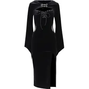 Groothandel Voorraad Goederen Snelle Verzending Zwarte Fancy Volwassen Halloween Goth Kleding Capuchon Jurk Pak Cosplay Kostuums Voor Vrouwen