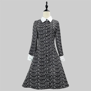 Adams Family Cosplay Dress Black Printed Long Sleeve Costume Halloween Wednesday Outfit Artistic Retro Style - Product Image 2
