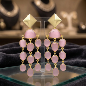 New Trendy Ethnic Wedding Engagement Pink Quartz Chandelier <b>Earrings</b> Diamond Shaped <b>Stud</b> Gold Plated <b>Earring</b> <b>Set</b> - Product Image 2