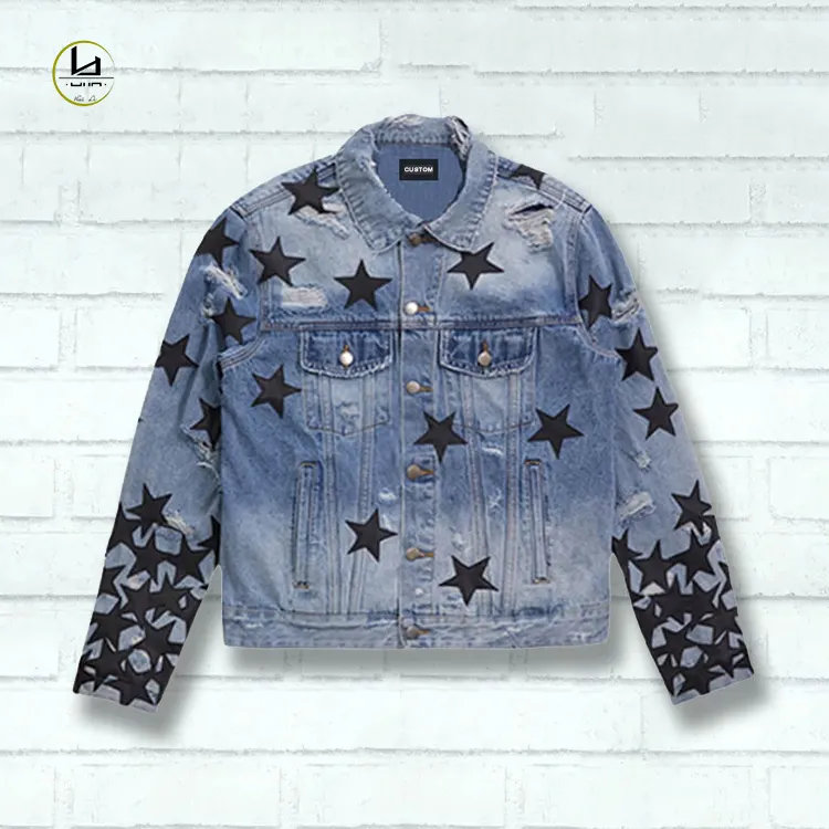 Wholesale custom regular casual fashion jacket high quality trucker jean jacket OEM brand men's leather star denim jacket