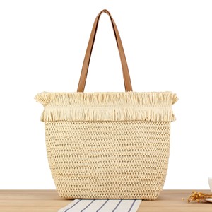 Verano Color sólido Casual paja playa bolso vacaciones ocio vacaciones gran capacidad bolsa de compras con borde con flecos - Product Image 6