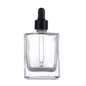 Flacon compte-gouttes carré en verre transparent 30 ml pour sérum, stockage cosmétique, vide avec pipette - Product Image 1
