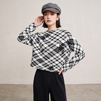 Chemisier plissé à carreaux pour femme, col rond, manches longues, plissé horizontal, style Miyake, chemise élégante de mode preppy