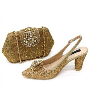 2026 Women Geometric Fashion Diamond Pointed <b>Heels</b> Rhinestone Sandals <b>and</b> Matching Polyester Lining <b>Bags</b> Set - Product Image 5