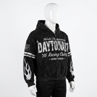 Sweat à capuche oversize en molleton brodé de strass, style streetwear, avec fermeture éclair, motif graphique rétro délavé à carreaux, épais