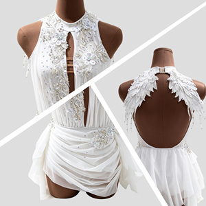 ชุดเต้นรำลีริคอลประดับคริสตัลสีขาว แบบไม่มีแขน คอ halter ชุดบัลเลต์ร่วมสมัยสำหรับการแสดงบนเวทีระดับมืออาชีพ กระโปรงเลอทาร์ด - Product Image 2