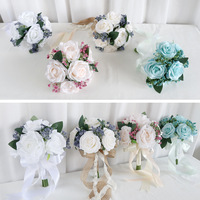 Buket Bunga Mawar Biru & Putih Buatan Khusus untuk Pengiring Pengantin, Buket Genggam Bulat untuk Pernikahan Musim Gugur