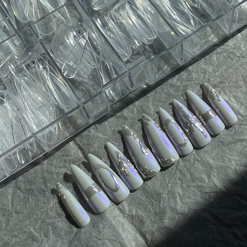 TSZS New Arrival Finger Nails Design Long Stiletto Shape Clear Full Cover False Nail Transparent ABS Fake Nail Tips