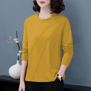 Women's Long Sleeve T-Shirt Yellow Round Neck Loose Fit Autumn Spring Base <b>Layer</b> <b>Top</b> For Mothers - Product Image 3