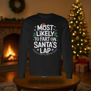 T-shirt à manches longues « Le plus enclin à faire un frottement sur les genoux du Père Noël » – Chemise amusante pour les fêtes de Noël - Product Image 3