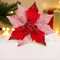 Grandes fleurs de poinsettia à paillettes de Noël, ornements pour arbre de Noël avec longues tiges, décorations de fête de Noël DIY