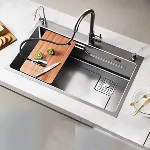 อ่างล้างจานเดี่ยวแบบหนาอ่างล้างจานสแตนเลสสีเทางานแฮนด์เมดอเนกประสงค์อุปกรณ์เสริมนาโน - Product Image 1