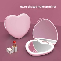 Miroir de maquillage portable en forme de cœur, style influenceur, avec lumière LED intégrée, haute définition, pliable, cadre en plastique, miroir compact, cadeau