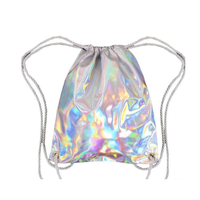 Sac à dos à cordon de serrage holographique en PU laser, imperméable, réfléchissant, arc-en-ciel, de qualité supérieure, pour fabricants de mode, avec doublure en polyester