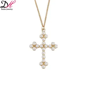 god bless valentine's day artificial pearl cross gold necklace